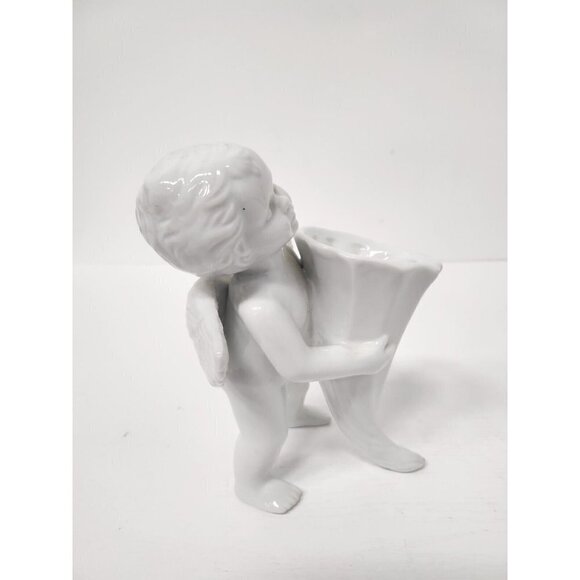 Vintage White Ceramic Angel Cherub Boy Holding Cornucopia Vase Figurine RARE - Picture 6 of 9